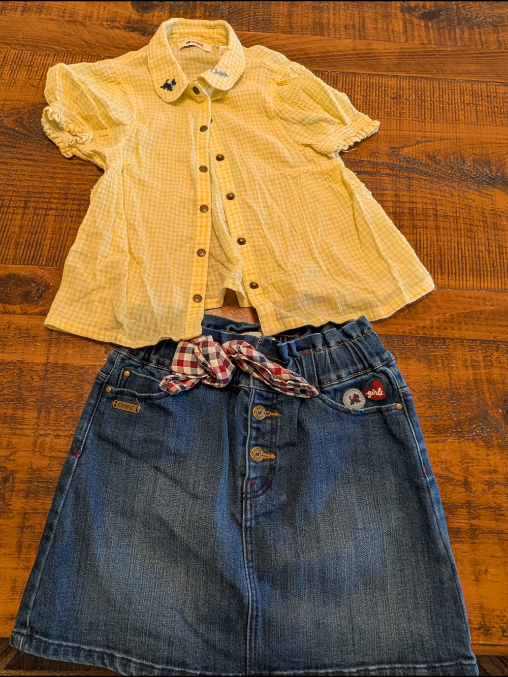 Girl's Chipie Yellow Gingham Shirt And Blue Denim Skirt (Size 6Y)